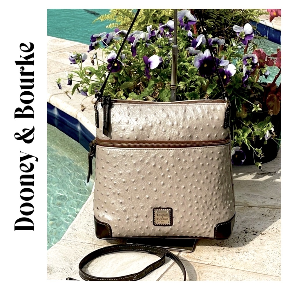 Dooney & Bourke Cream &  Brown Leather Ostrich Crossbody Letter Carrier